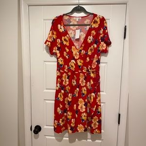 NWT Planet Gold red flower faux wrap dress.